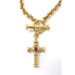 Heavy 18ct belcher necklet and cross pendant, the pendant set with an oval ruby?, 127.4gm, the
