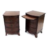 Pair of mahogany bowfront bedside chests by Willis & Gambier, the plain top over a brush slide and