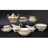 New Hall - four teacups/bowls with saucers in pattern nos. 258, 583, 746 and 760; also a further
