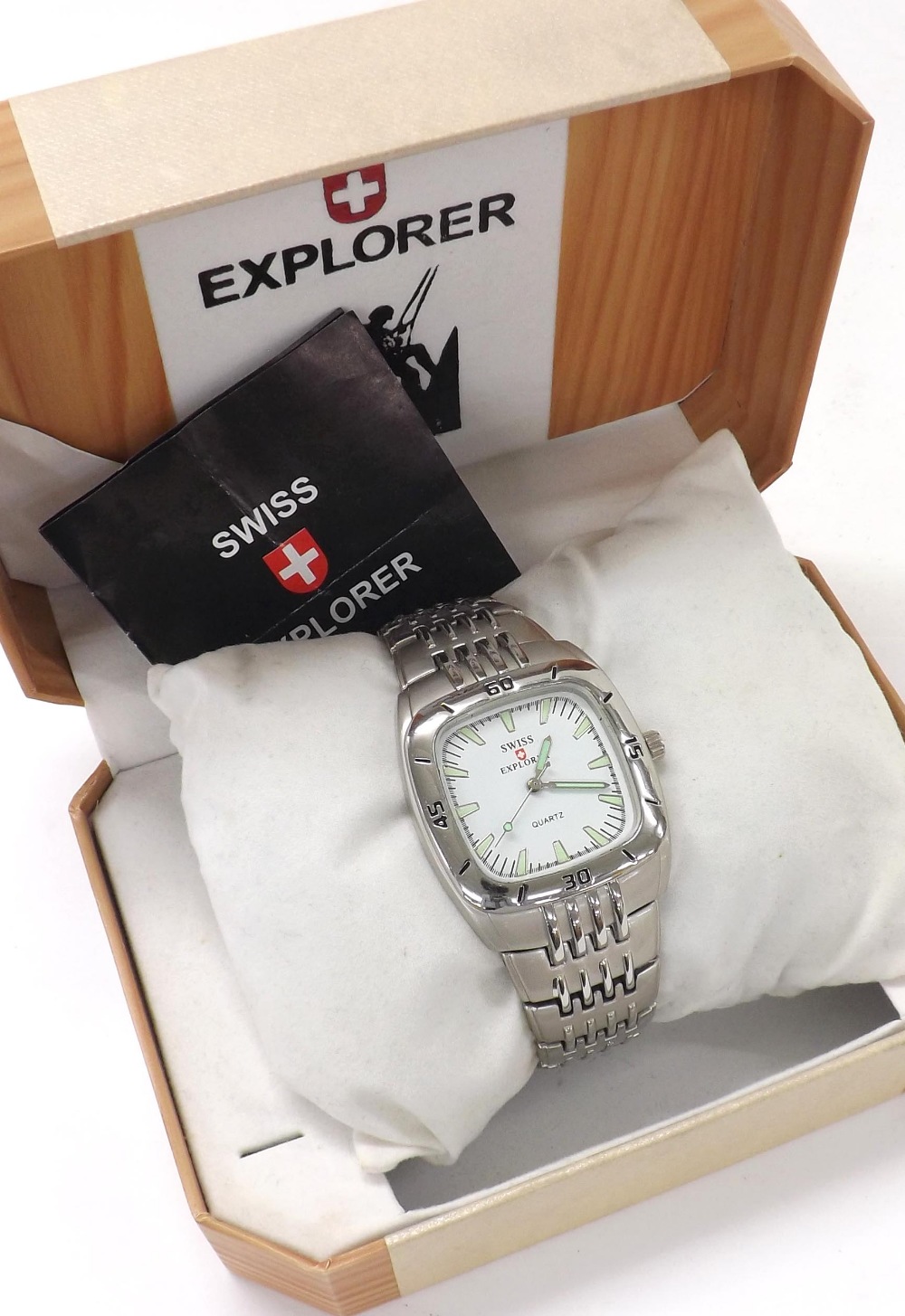 Swiss Explorer square cased stainless steel gentleman's bracelet watch, ref. S-4061, white dial with