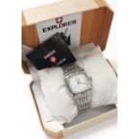 Swiss Explorer square cased stainless steel gentleman's bracelet watch, ref. S-4061, white dial with