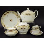New Hall - tea set comprising teapot, teacup on saucer, tea bowl, coffee cup on saucer, sandwich