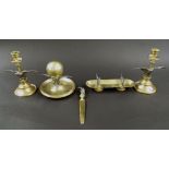 Decorative brass five piece brass and silvered metal desk set, with applied cast eagle mounts