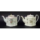 New Hall - two 'Silver' shape teapots in pattern nos. 191 and 296, 5.75" high approx (2)