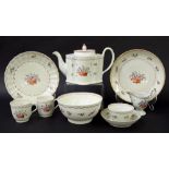 New Hall - tea set comprising teapot, tea bowl, two coffee cups, saucer, slop bowl, two plates and