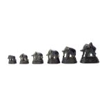 19th century graduated matched set of six bronze opium weights of elephant design