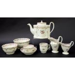 New Hall - tea set comprising teapot, tea bowl, coffee cup, saucer, milk jug, cream jug, sugar basin