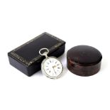 Continental white metal cylinder fob watch signed Lamy, 45mm (at fault); also a papier maché trinket