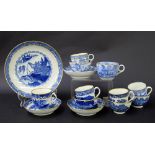 New Hall - blue printed porcelain tea wares comprising tea bowls and coffee cups in the 'Two Ducks',