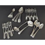 Composite suite of George III Old English pattern silver cutlery, to include a set of seven dinner