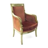 Empire style decorative painted and parcel gilded armchair, with vieux rose velvet upholstery, the