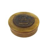 Portuguese circular pressed horn snuff box, 3" diameter