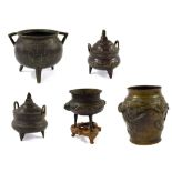 Five items of assorted bronze wares, principally Chinese origin to include a twin-handled bronze