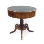 Regency rosewood circular drum library table, the inset green leather top over four frieze drawers