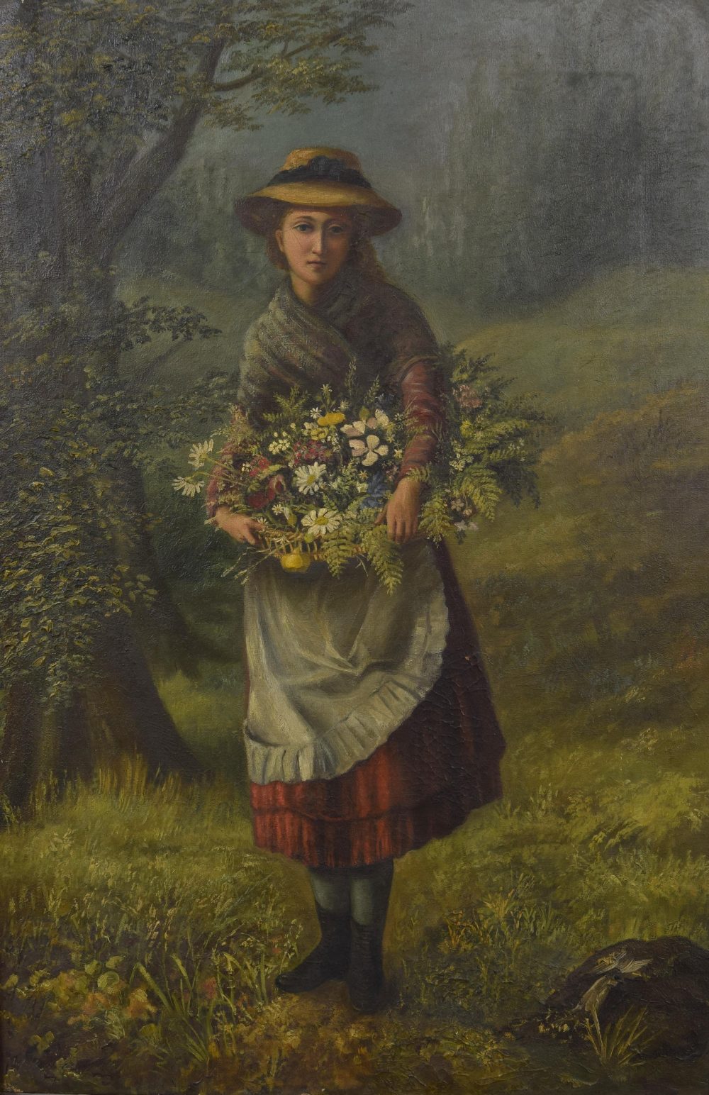 English School (19th century) - Country girl holding a basket of flowers, oil on canvas, 36" x 23"