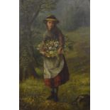 English School (19th century) - Country girl holding a basket of flowers, oil on canvas, 36" x 23"