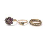 Three gold gem set dress rings including an antique cluster ring, 6.5gm (3)
