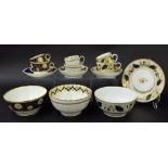 New Hall - three tea bowls/cups and coffee cups with saucers and slop bowls in pattern nos. 623 (