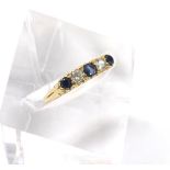 18ct sapphire and diamond claw set five stone ring, 3gm, ring size N