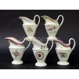 New Hall - five obconical shape milk jugs in pattern nos. 952, 338, 273, 208 and 297, the tallest