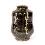 Mike Dodd (b. 1943) - ovoid glazed stoneware vase with cactus decoration, impressed seal mark, 7"