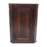 Georgian oak hanging corner cupboard with single door enclosing painted shelved interior, 26"