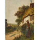 Frederick (Fred) Hines (19th/20th century) - Girl standing beside a thatched cottage, signed,