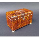 Tortoiseshell tea caddy of rectangular form, the top inlaid with a floral spray in white metal and