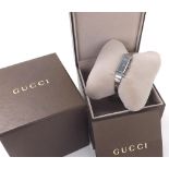 Gucci rectangular stainless steel lady's bracelet watch, ref. 127.5, no. 12889480, black dial,