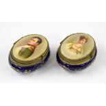 Pair of Continental porcelain boxes and covers, with hand painted portraits of Napoleon and