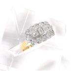 18ct bi-colour diamond cluster ring, round and baguette-cut diamonds, 1ct approx, 17mm x 11mm,