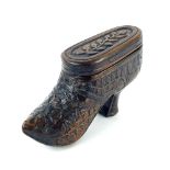 Rare antique novelty yew wood snuff box in the form of a high-heeled shoe, with foliate