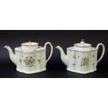 New Hall - two 'Silver' shape teapots in pattern nos. 208 and 450, 5.5" high (2)