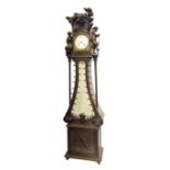 Interesting and unusual Dutch Comptoise two train carved oak longcase clock, the 8.25" convex