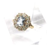 Antique style 18ct diamond and aquamarine cushion shaped cluster ring, the aquamarine in a