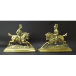 Pair of 19th century brass doorstops modelled as Dragoons mounted on horseback, standing 10" high (