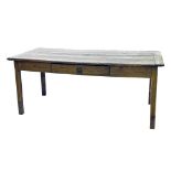 Good antique oak refectory dining table, the plank top over a single slim drawer with inner