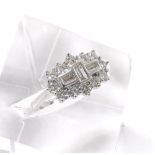 Art Deco style 18ct white gold diamond cluster ring, round brilliant and baguette-cut diamonds,