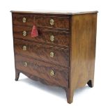 Small 19th century flame mahogany chest of drawers, the moulded top over four long graduated drawers