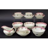 New Hall - four tea bowls with saucers and sugar basins in pattern nos. 67, 748, 311 and 173; also