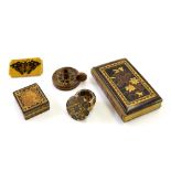 Tunbridge Ware - Queen Victoria stamp box (right facing), small chamber stick, book, brooch and