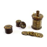 Tunbridge Ware - sealing wax outfit (replaced sconce); together with a nutmeg grater and a