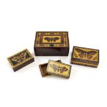 Tunbridge Ware - four pin boxes, each with butterfly mosaics in various sizes, largest 3.5" wide (