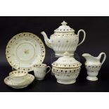 New Hall - tea set comprising teapot, tea bowl, coffee cup, saucer, sandwich plate, milk jug and