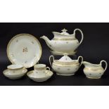 New Hall - tea set comprising teapot on stand, tea bowl on saucer, coffee cup on saucer, sandwich