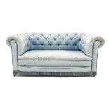 Victorian two seater Chesterfield sofa in blue upholstery, 65" wide, 34" deep, 29" high