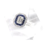 Fine Art Deco style 18ct white gold sapphire and diamond ring, the emerald-cut diamond, 0.84ct
