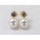 Pair of 18ct yellow gold cultured pearl diamond earrings, estimated 0.65ct approx, the pearls 10mm