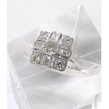 Art Deco style 18ct diamond square cluster ring, with round and baguette-cut diamonds in a