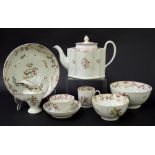 New Hall - tea set comprising teapot, tea bowl, coffee cup with saucer, sandwich plate, milk jug,